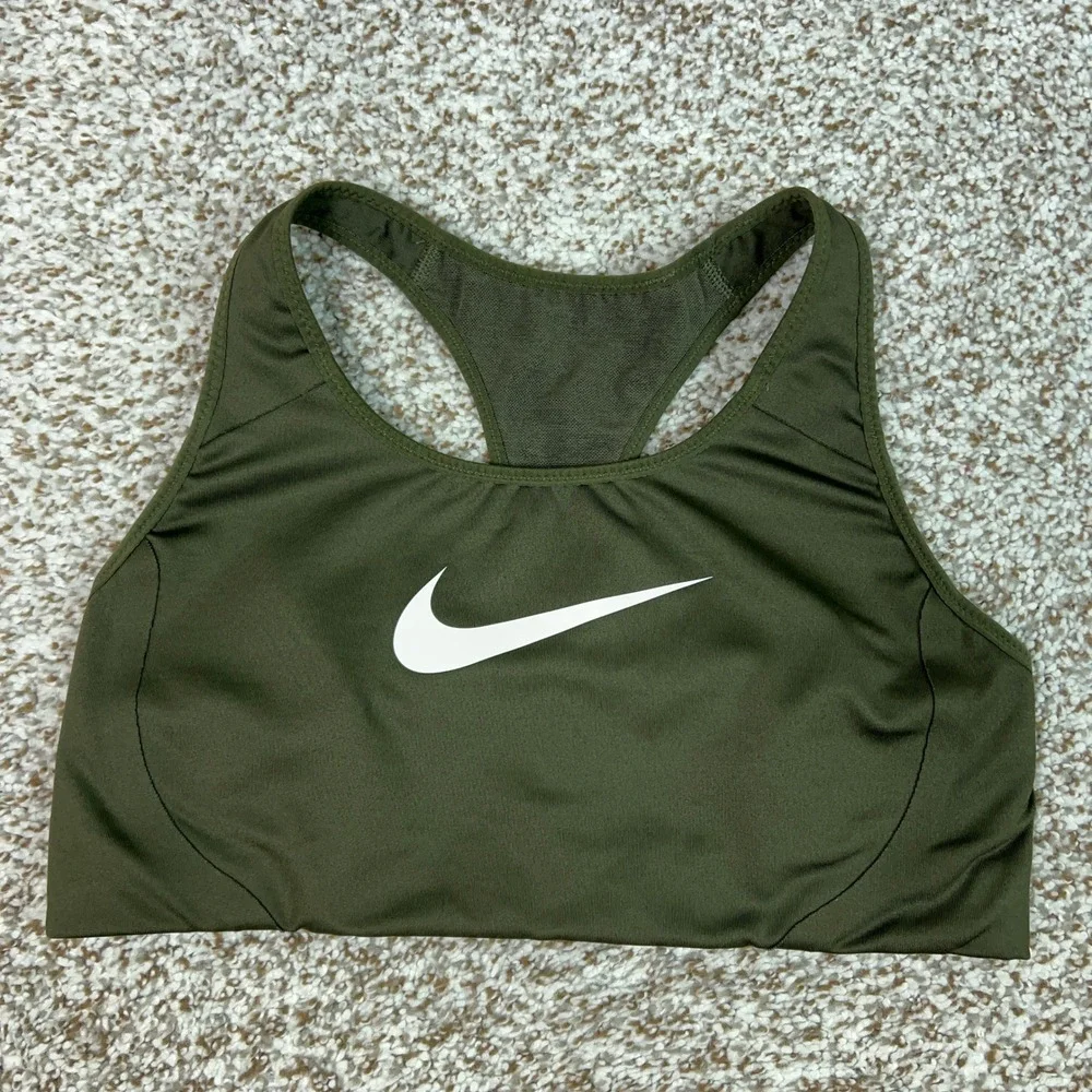 Nike Sports Bra Womens Medium Olive Green Gym Dri-FIT Racerback Swoosh Logo